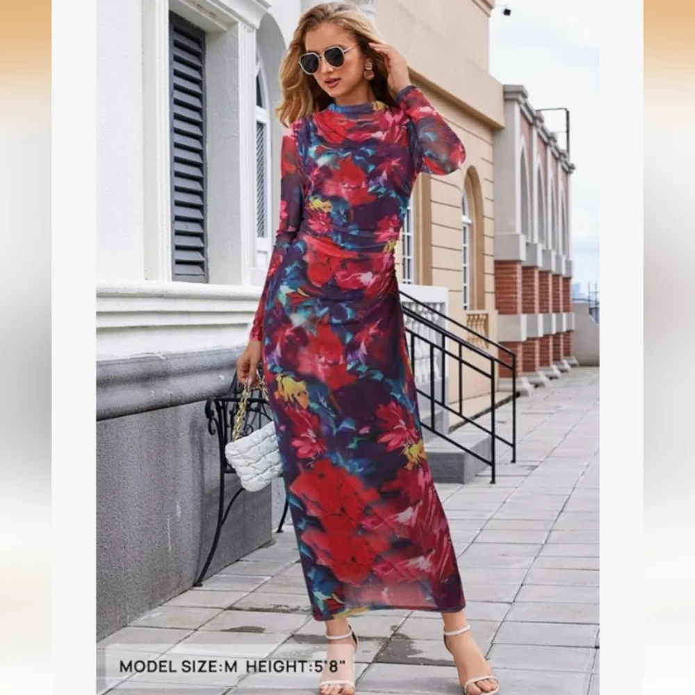 MEROKEETY Floral Sheer Mesh Long Sleeve Fully Lined Maxi Dresses Size XL NWT - Picture 5 of 7